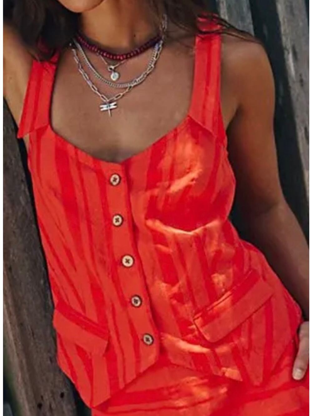 Free People Free-Est Cara Cherry Tomato Red Collared Vest Top Striped Large